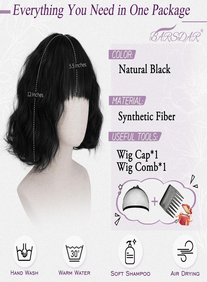 BARSDAR Short Wavy Black Wig with Bangs - Short Black Wavy Wigs for Women - Soft Synthetic Textured Curly Chic French Bob Wig with Face-Framing Bangs Natural Looking Daily Party Halloween - Image 2